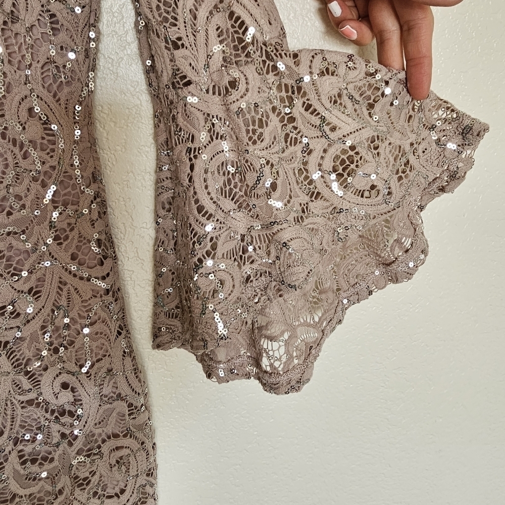 3 for $30! SALE Marina Lace Sequined Illusion Blush Sheath Bell Sleeve Dress - Picture 4 of 13
